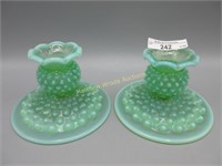 Fenton pair green opal Hobnail 3" candleholders