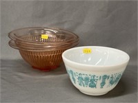(2) Pink Depression Mixing Bowls with Pyrex Bowl