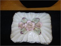 Vtg 3-D Raised Pink Roses Porcelain Trinket Box
