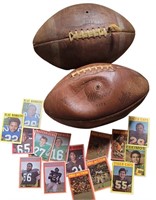 TWO VINTAGE LEATHER FOOTBALLS AND TRADING CARDS