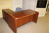 L Shaped office desk with blue rolling office chai