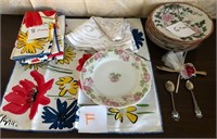 703 - LOT OF LINEN , PLATES, SPOONS (F)