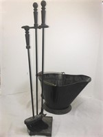 Fireplace tools with coal bucket.