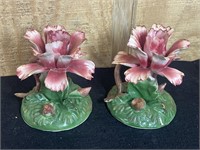 Pair Vintage Rose Italy Capodimonte Candleholders