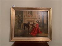 Signed Print Lady in Red at Piano