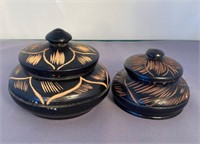 Vtg Pair of Engraved Wood Covered Pots Large is