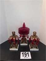 Candle Holders with Red Prisms & Decor Dish(Den)