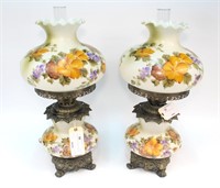 2- Hand painted hurricane electric lamps, 27" H.