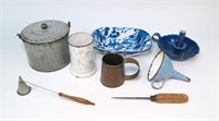 Lot, granite ware, copper mug, candle snuffer