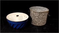 Granite ware 9" food mold and 8.5" covered pot