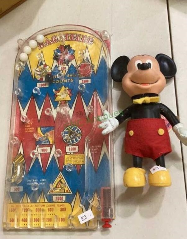 Vintage plastic pinball game and Mickey Mouse