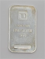 1 Ounce Fine Silver TD Bank Ingot