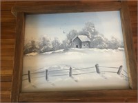 NICE OIL ON CANVAS PAINTING OF OLD BARN WINTER