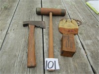 HATCHET, LEATHER PURSE, WOOD MALLET,,MORE