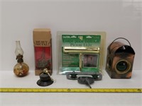 lot of misc items, table lamp, lanterns, etc.