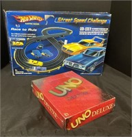 Vintage Hot Wheels Set, New UNO Deluxe Game.