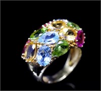 Multi gemstone 18ct yellow gold domed ring