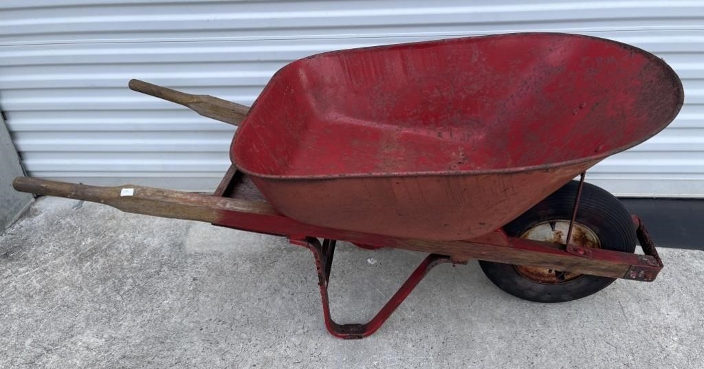 Red One Wheel Wheelbarrow with Tool Tray on Back