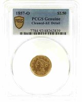 1857-O US $2.50 GOLD COIN PCGS CLEANED - AU DETAIL