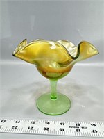 Marigold Carnival Glass Green Pedestal Ruffled