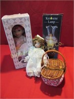 Small Kerosene Lamp, 2 Dolls, Miniature Basket