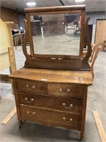Antique Oak Dresser W/ Mirror On Wheels.