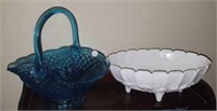 Glass blue basket & white footed milk fruit bowl