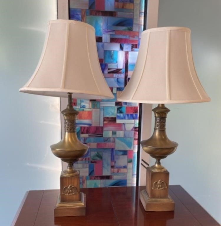 Pair of Mid Century Wood/Brass Lamps