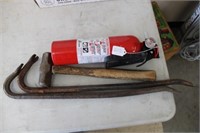 2 crow bars, mallet, fire extinguisher