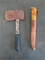 Youth hatchet, knife in leather sheath