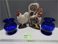 2 Cobalt blue vases and pair of chickens