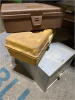 Plastic toolboxes, small metal file cabinet, roll
