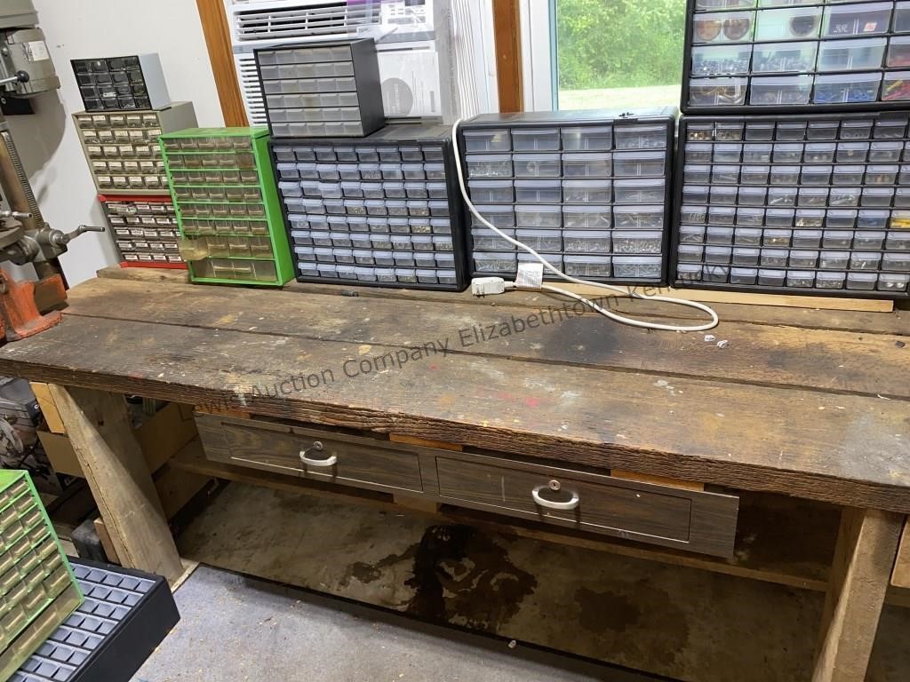 Homemade work table with two drawers and a vice