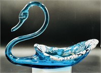 MCM Blue Splatter Art Glass Swan Dish Uv Reactive