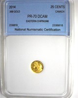 2014 .999 Gold 25c NNC PR70 DCAM Eastern Chipmunk