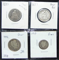 Variety: 1853, 1857, 1905 Quarters.1913 Dime. G-VG