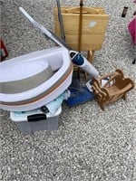 Plastic tote, TV, trays, miscellaneous cleaner