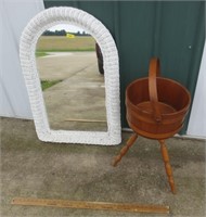 Wicker framed mirror & 3 legged bucket stand