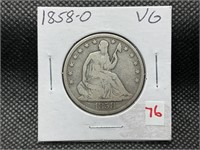 1858O SEATED HALF DOLLAR VG