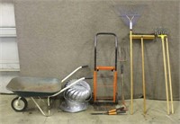 Wheel Barrow, Assorted Lawn and Garden Tools, Roof