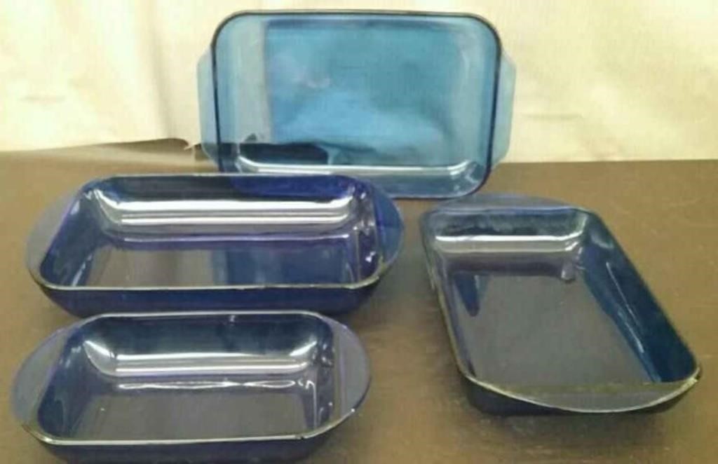 Box-4 Blue Glass Baking Dishes, 1 Is Pyrex