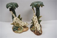 Two White Leopard Palm Tree Candle Holders