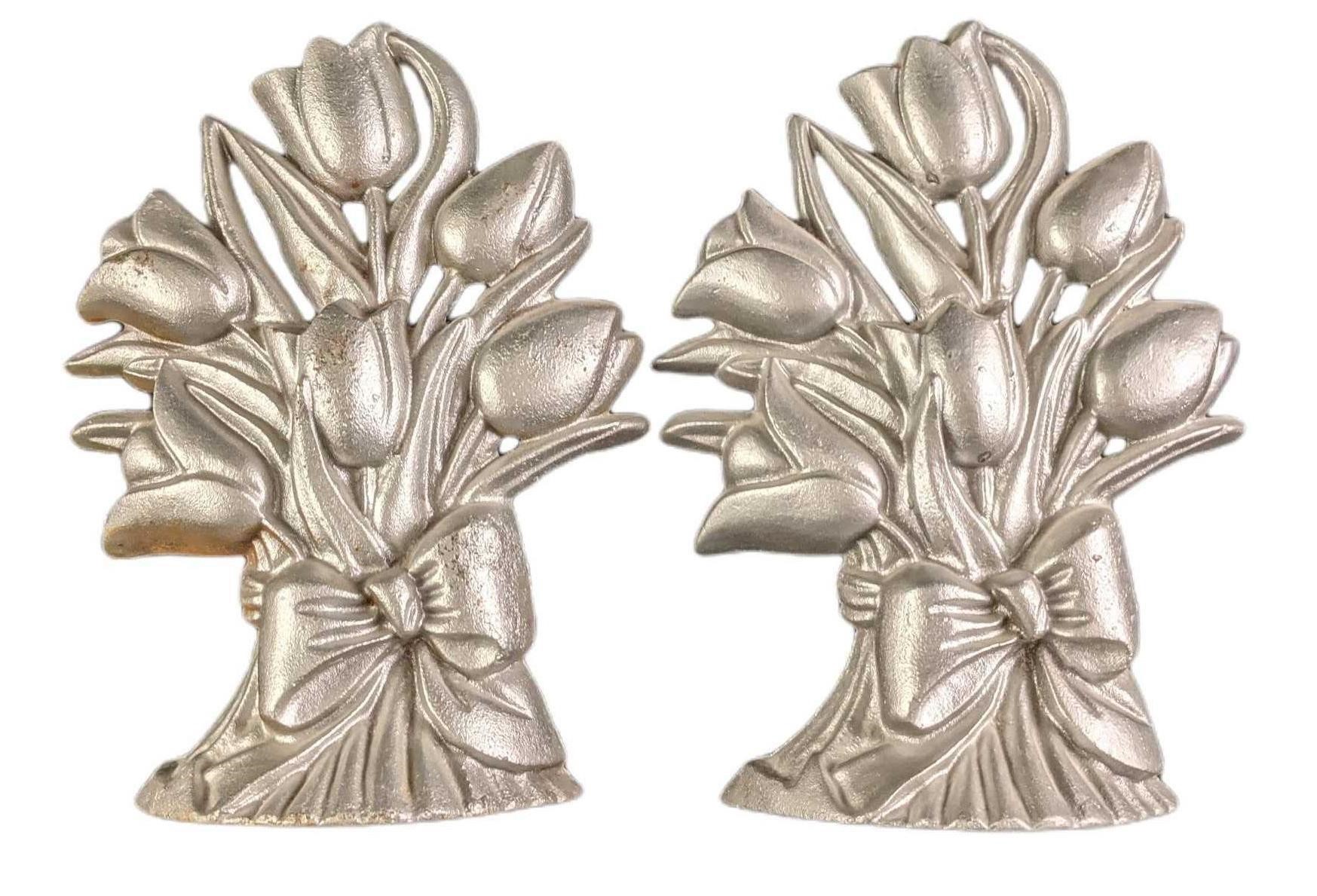 Vintage Silver Painted Cast Iron Flowers Bookends