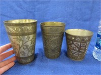 3 old hand etched metal cups - india