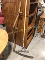 Vintage scythe, newer thatching rake