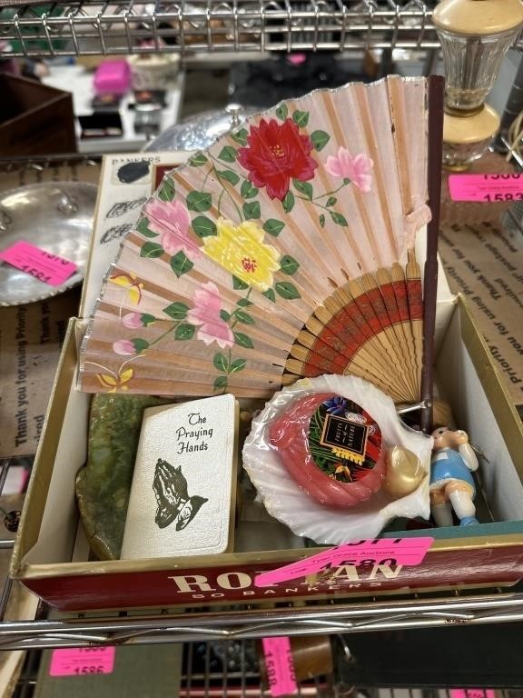 CIGAR BOX W MISC VINTAGE HAND PAINTED FAN