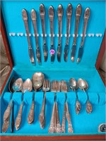 Silver Plate Flatware In Felt lined wood Chest