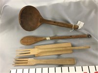 Early wooden utensils- ladle, spoon, forks