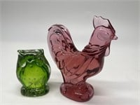 (2) Glass Paperweights - Owl & Rooster