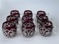 9- Vintage Bohemian Ruby Cut to Clear Glass Mugs